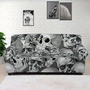 Monochrome Skull Flowers Pattern Print Sofa Cover