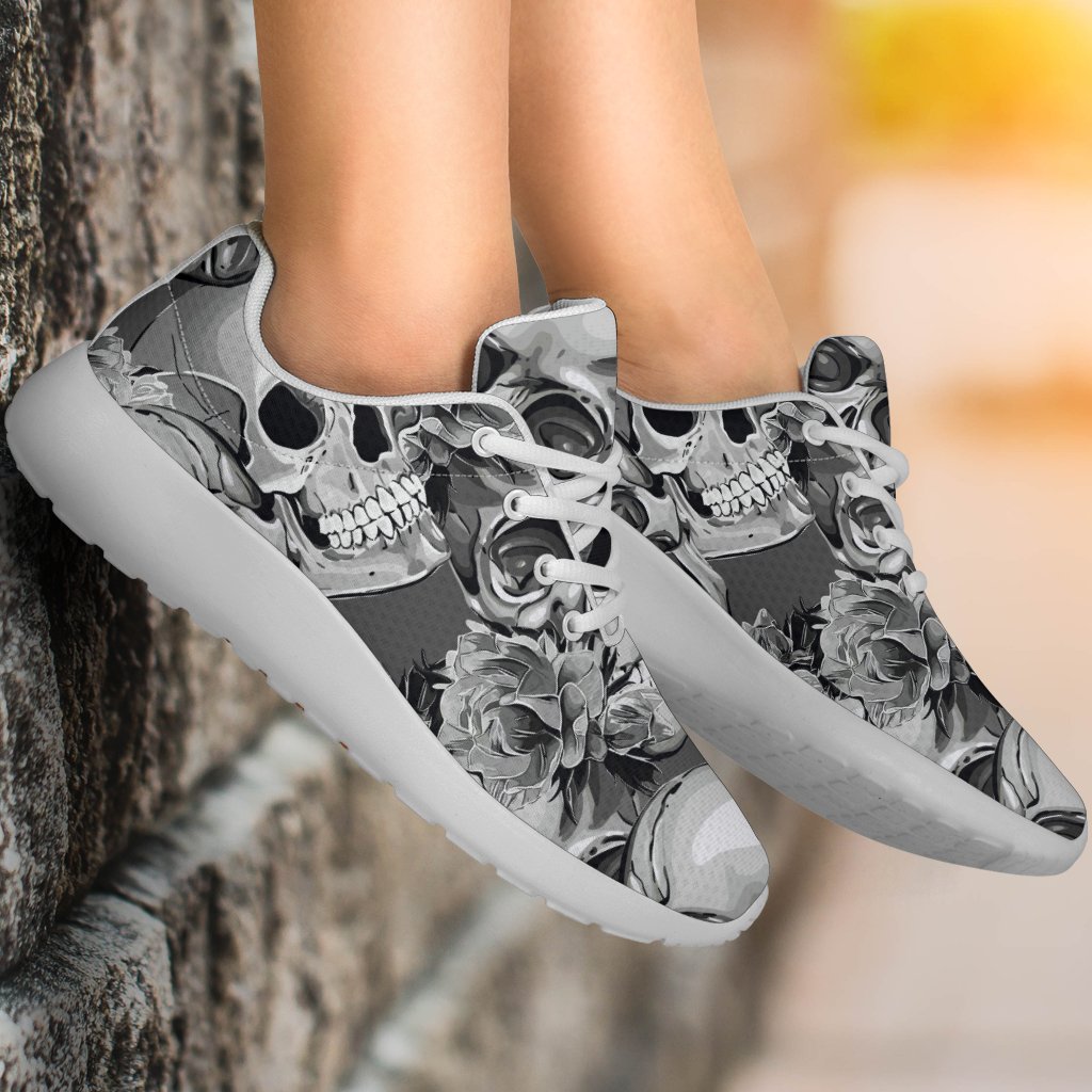 Monochrome Skull Flowers Pattern Print Sport Shoes GearFrost