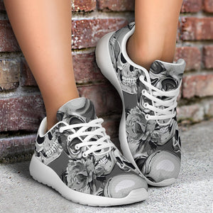 Monochrome Skull Flowers Pattern Print Sport Shoes GearFrost