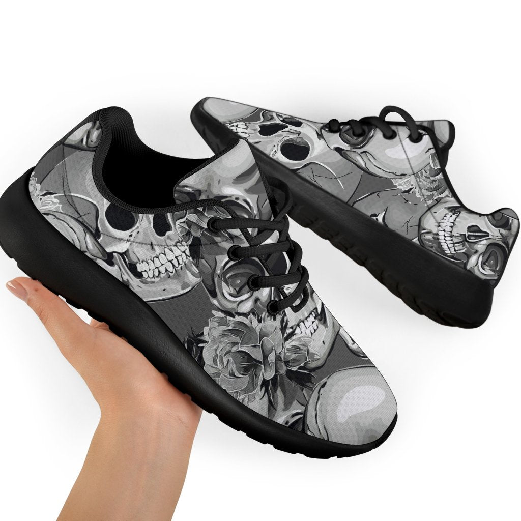 Monochrome Skull Flowers Pattern Print Sport Shoes GearFrost