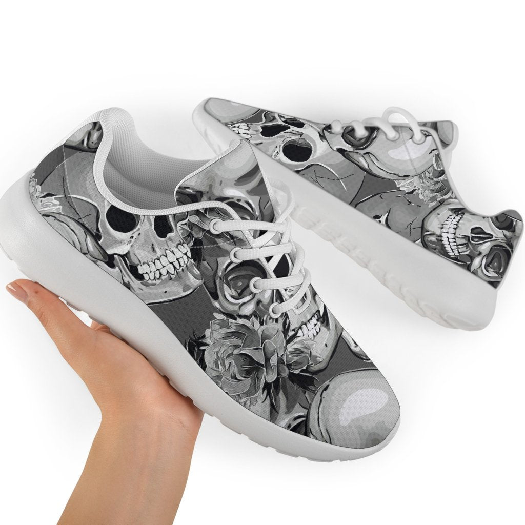 Monochrome Skull Flowers Pattern Print Sport Shoes GearFrost