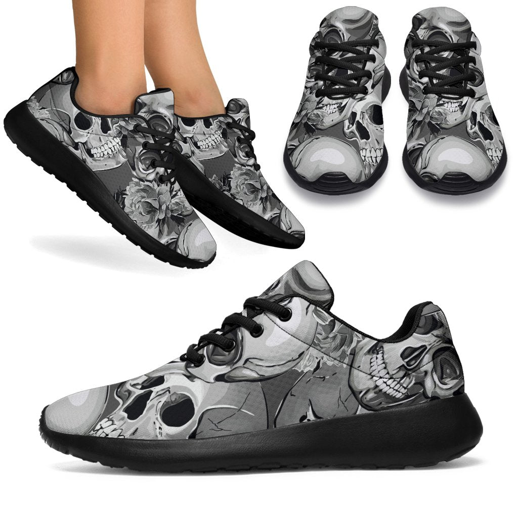 Monochrome Skull Flowers Pattern Print Sport Shoes GearFrost