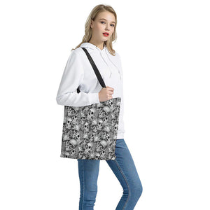 Monochrome Skull Flowers Pattern Print Tote Bag