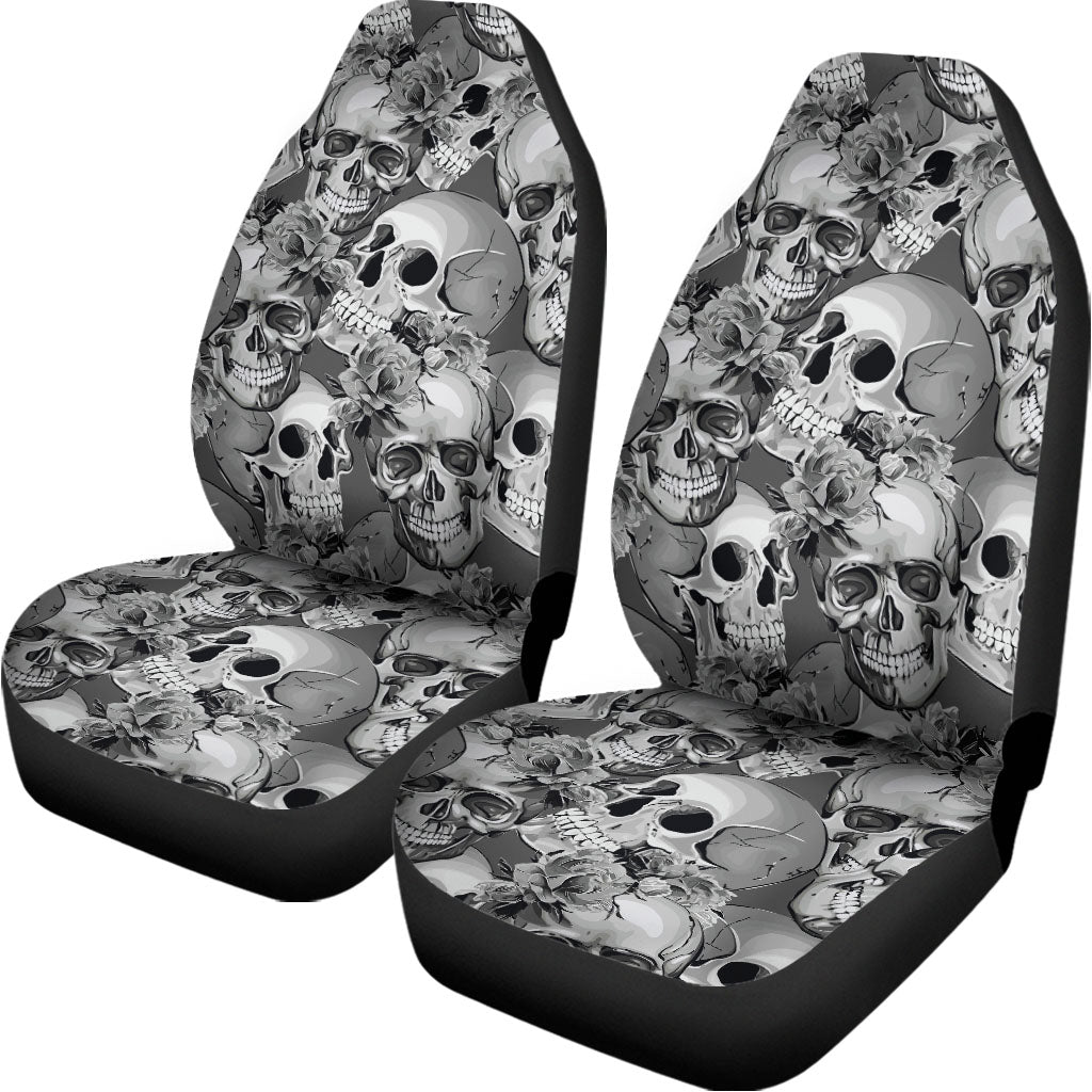 Monochrome Skull Flowers Pattern Print Universal Fit Car Seat Covers