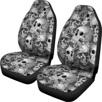 Monochrome Skull Flowers Pattern Print Universal Fit Car Seat Covers