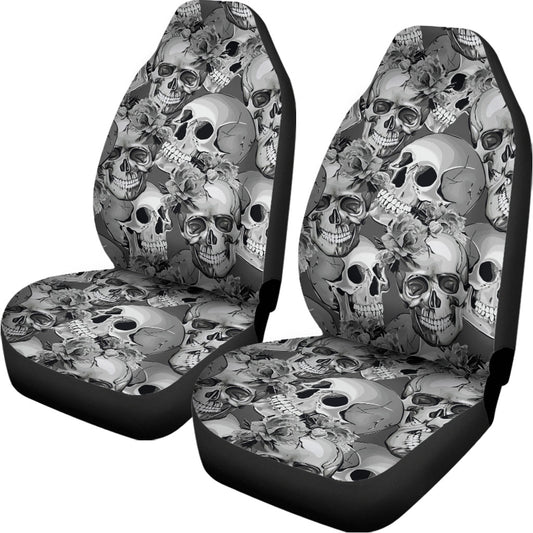 Monochrome Skull Flowers Pattern Print Universal Fit Car Seat Covers