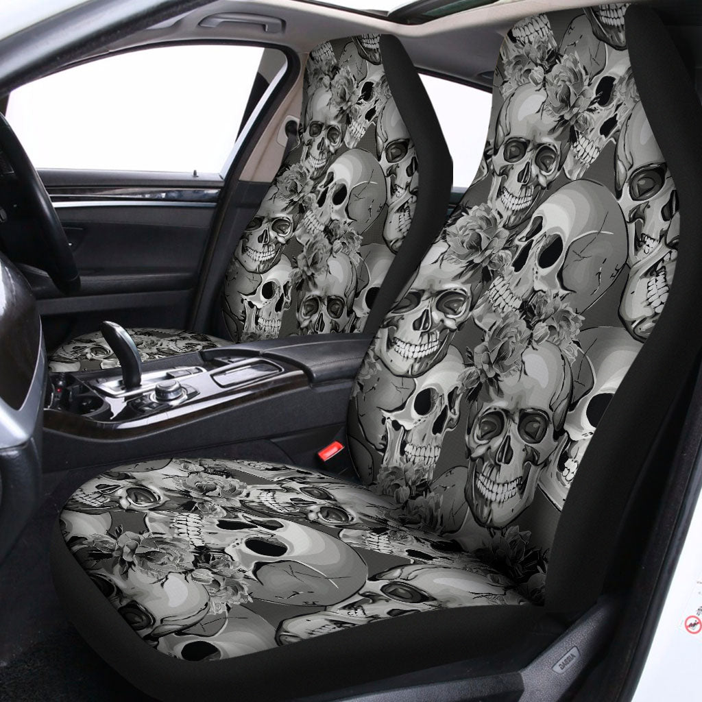 Monochrome Skull Flowers Pattern Print Universal Fit Car Seat Covers