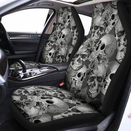 Monochrome Skull Flowers Pattern Print Universal Fit Car Seat Covers