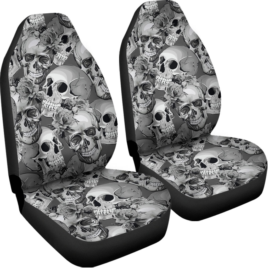 Monochrome Skull Flowers Pattern Print Universal Fit Car Seat Covers
