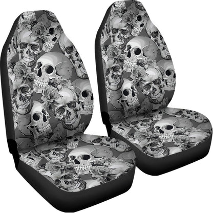 Monochrome Skull Flowers Pattern Print Universal Fit Car Seat Covers