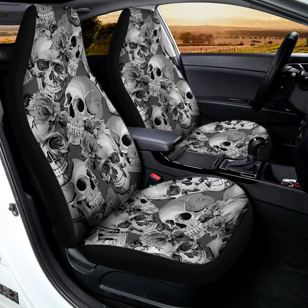 Monochrome Skull Flowers Pattern Print Universal Fit Car Seat Covers