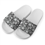 Monochrome Skull Flowers Pattern Print White Slide Sandals