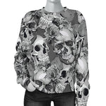 Monochrome Skull Flowers Pattern Print Women's Crewneck Sweatshirt GearFrost