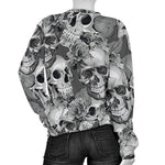 Monochrome Skull Flowers Pattern Print Women's Crewneck Sweatshirt GearFrost