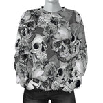 Monochrome Skull Flowers Pattern Print Women's Crewneck Sweatshirt GearFrost