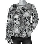 Monochrome Skull Flowers Pattern Print Women's Crewneck Sweatshirt GearFrost