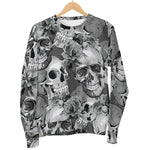 Monochrome Skull Flowers Pattern Print Women's Crewneck Sweatshirt GearFrost