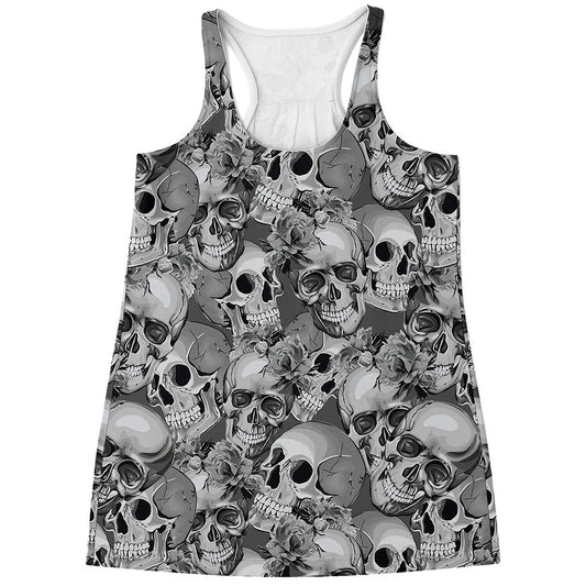 Monochrome Skull Flowers Pattern Print Women's Racerback Tank Top