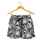 Monochrome Skull Flowers Pattern Print Women's Shorts