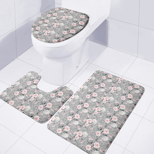 Monochrome Spring Floral Print 3 Piece Bath Mat Set