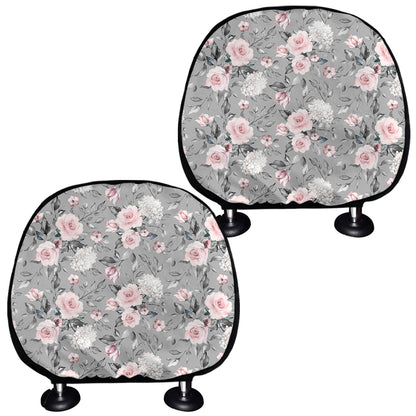 Monochrome Spring Floral Print Car Headrest Covers
