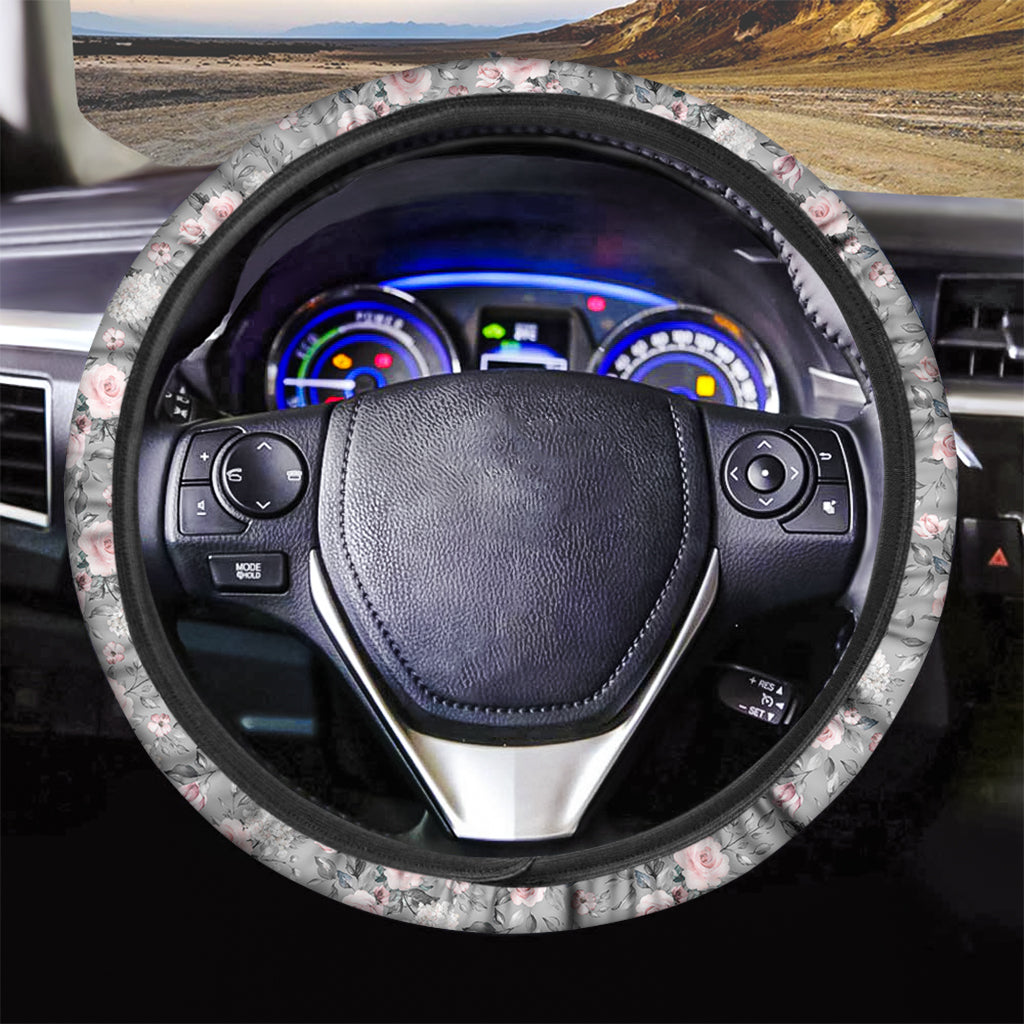 Monochrome Spring Floral Print Car Steering Wheel Cover