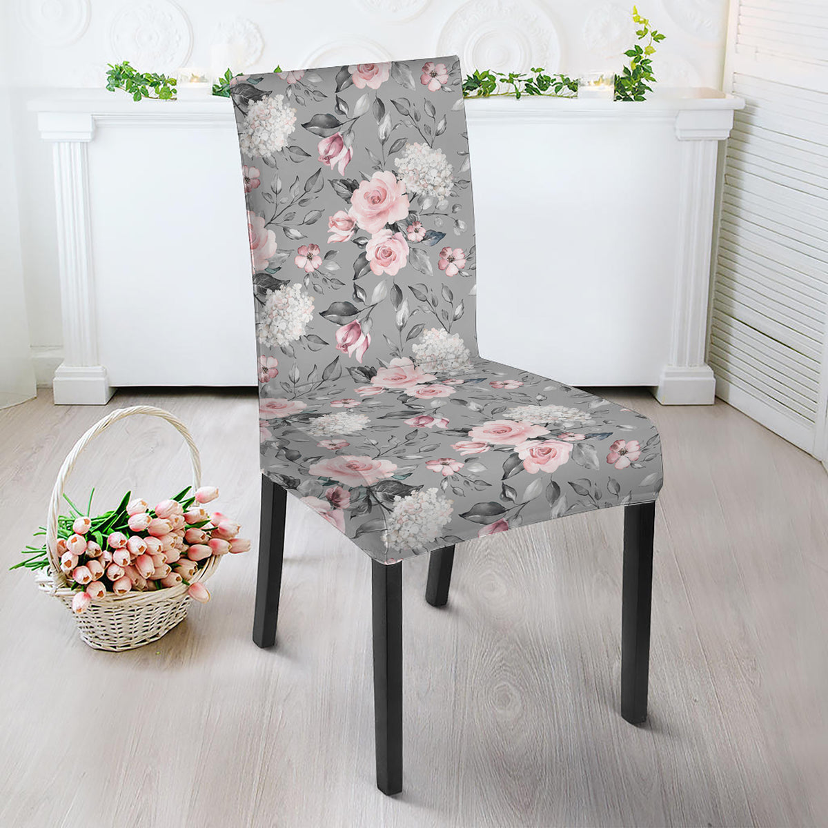 Monochrome Spring Floral Print Dining Chair Slipcover