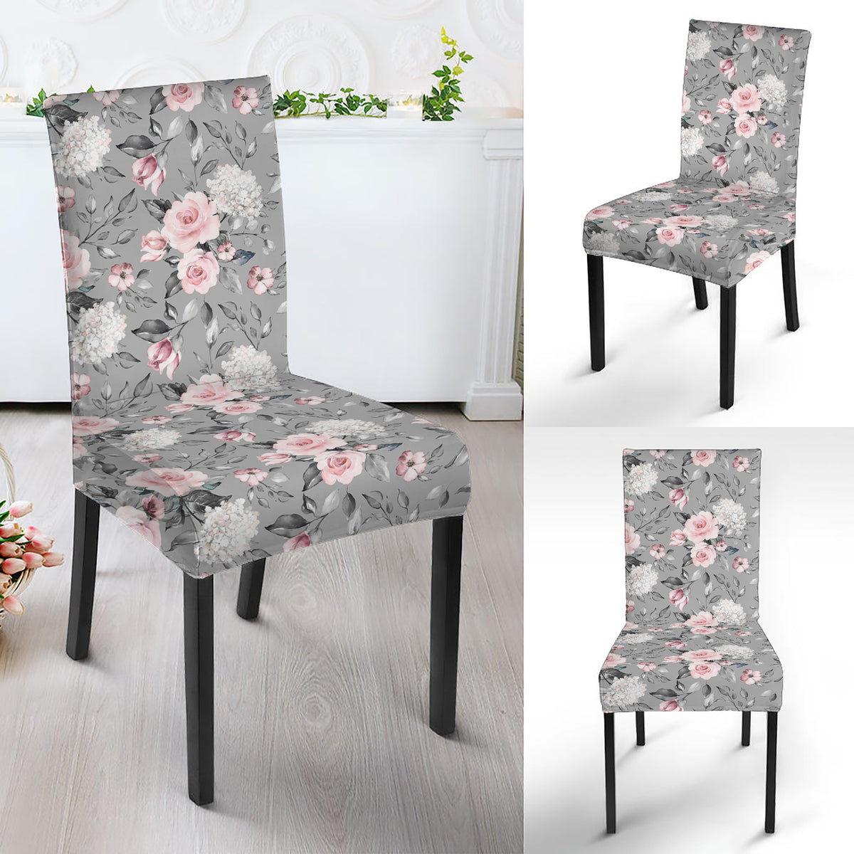 Monochrome Spring Floral Print Dining Chair Slipcover