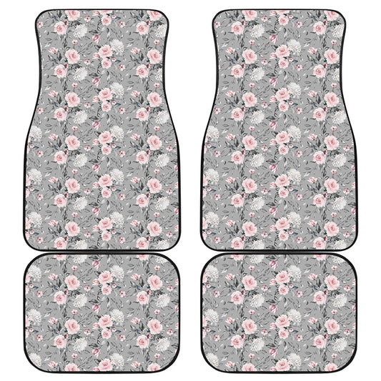 Monochrome Spring Floral Print Front and Back Car Floor Mats