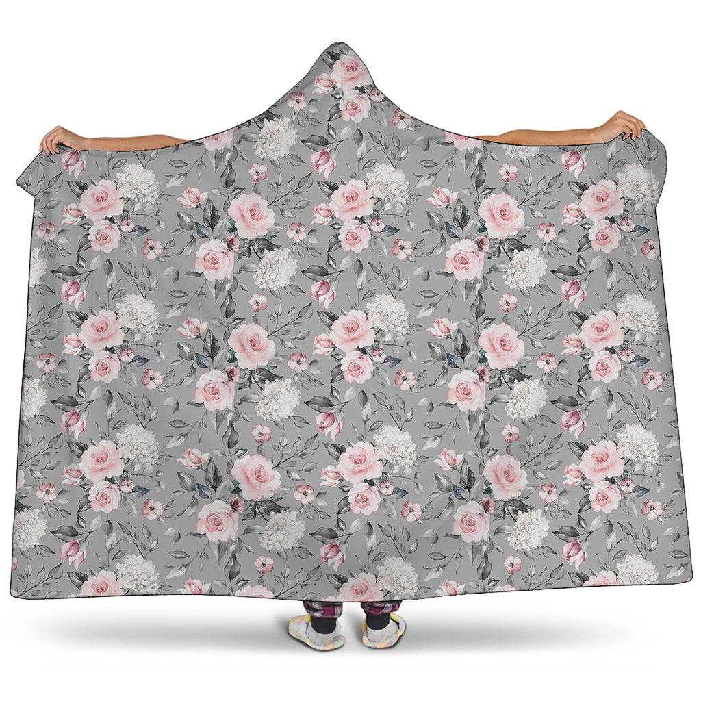 Monochrome Spring Floral Print Hooded Blanket