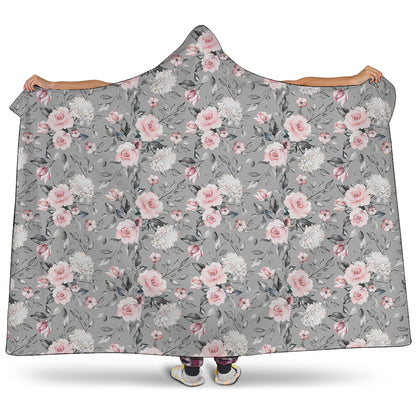Monochrome Spring Floral Print Hooded Blanket