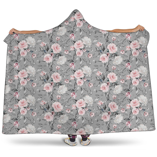 Monochrome Spring Floral Print Hooded Blanket