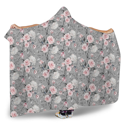Monochrome Spring Floral Print Hooded Blanket