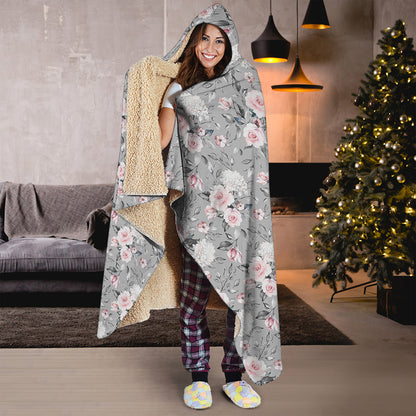 Monochrome Spring Floral Print Hooded Blanket