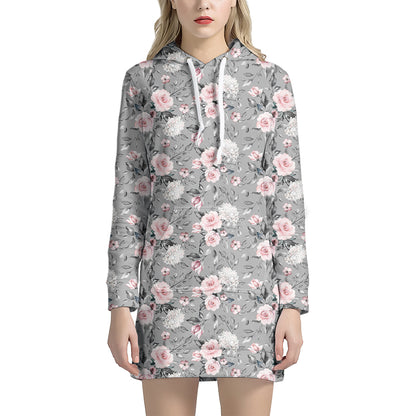 Monochrome Spring Floral Print Hoodie Dress