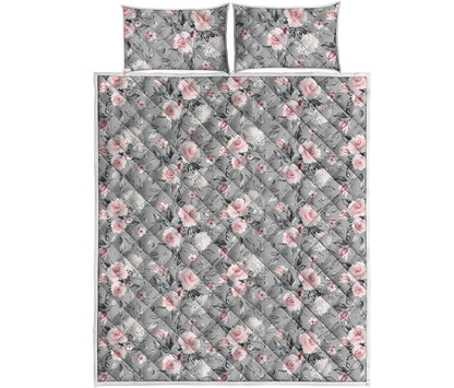 Monochrome Spring Floral Print Quilt Bed Set