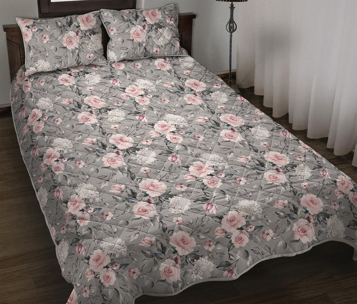 Monochrome Spring Floral Print Quilt Bed Set