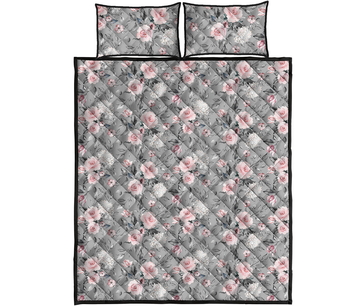 Monochrome Spring Floral Print Quilt Bed Set