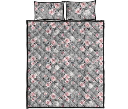 Monochrome Spring Floral Print Quilt Bed Set