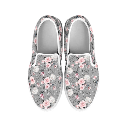 Monochrome Spring Floral Print White Slip On Shoes