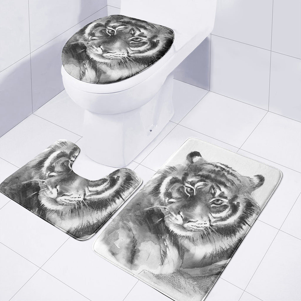 Monochrome Watercolor White Tiger Print 3 Piece Bath Mat Set