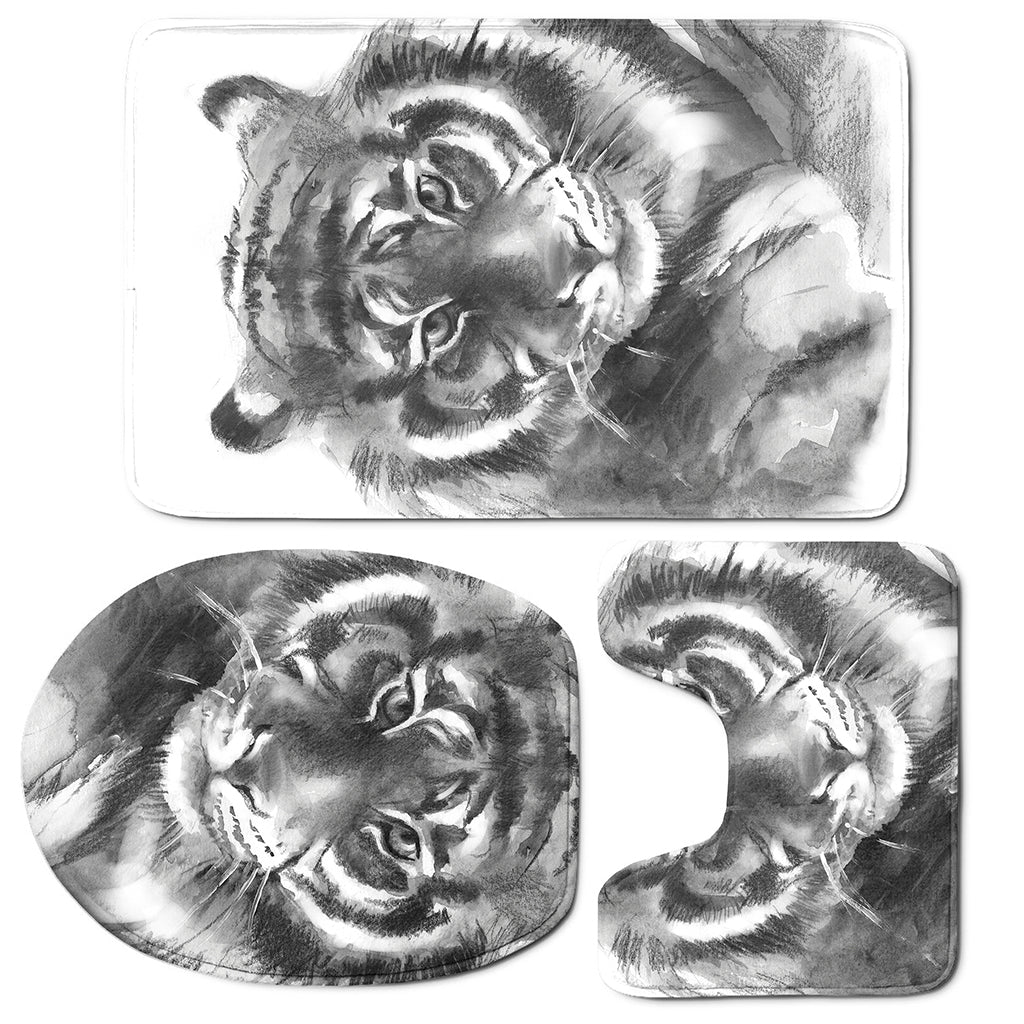 Monochrome Watercolor White Tiger Print 3 Piece Bath Mat Set