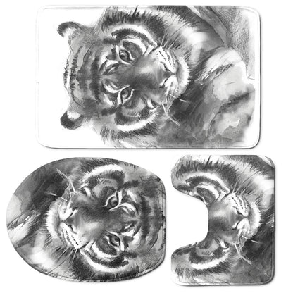 Monochrome Watercolor White Tiger Print 3 Piece Bath Mat Set