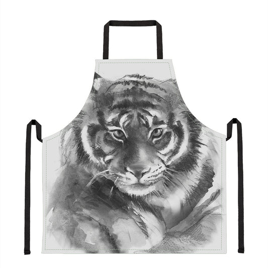 Monochrome Watercolor White Tiger Print Apron