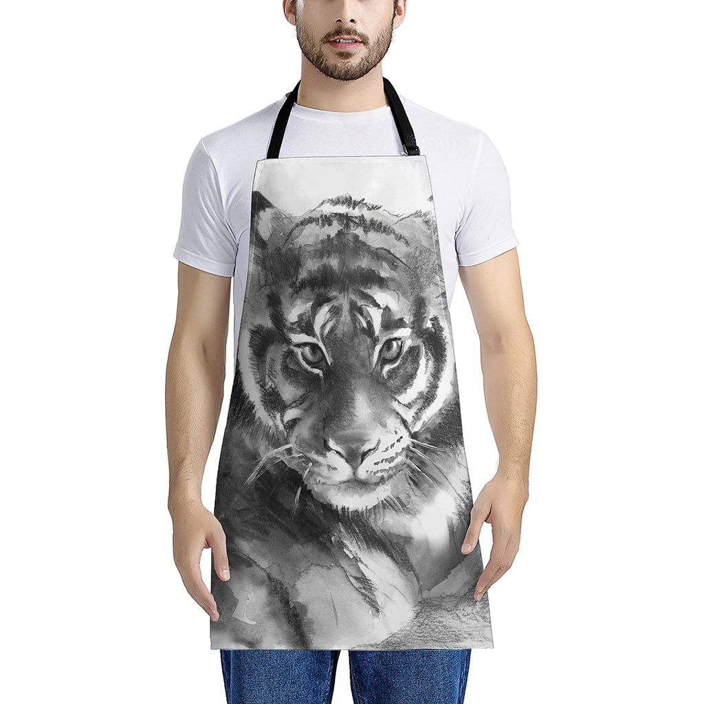 Monochrome Watercolor White Tiger Print Apron