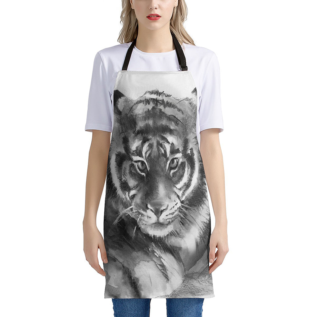 Monochrome Watercolor White Tiger Print Apron