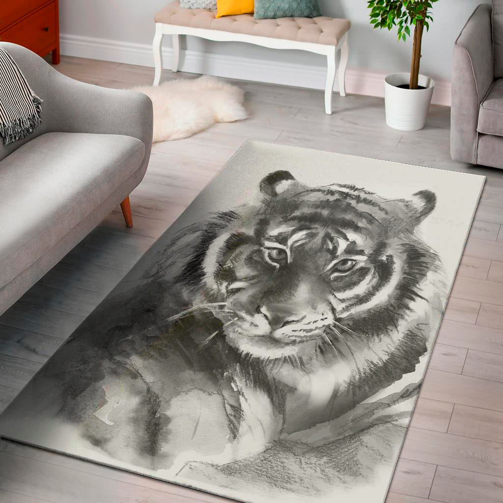 Monochrome Watercolor White Tiger Print Area Rug