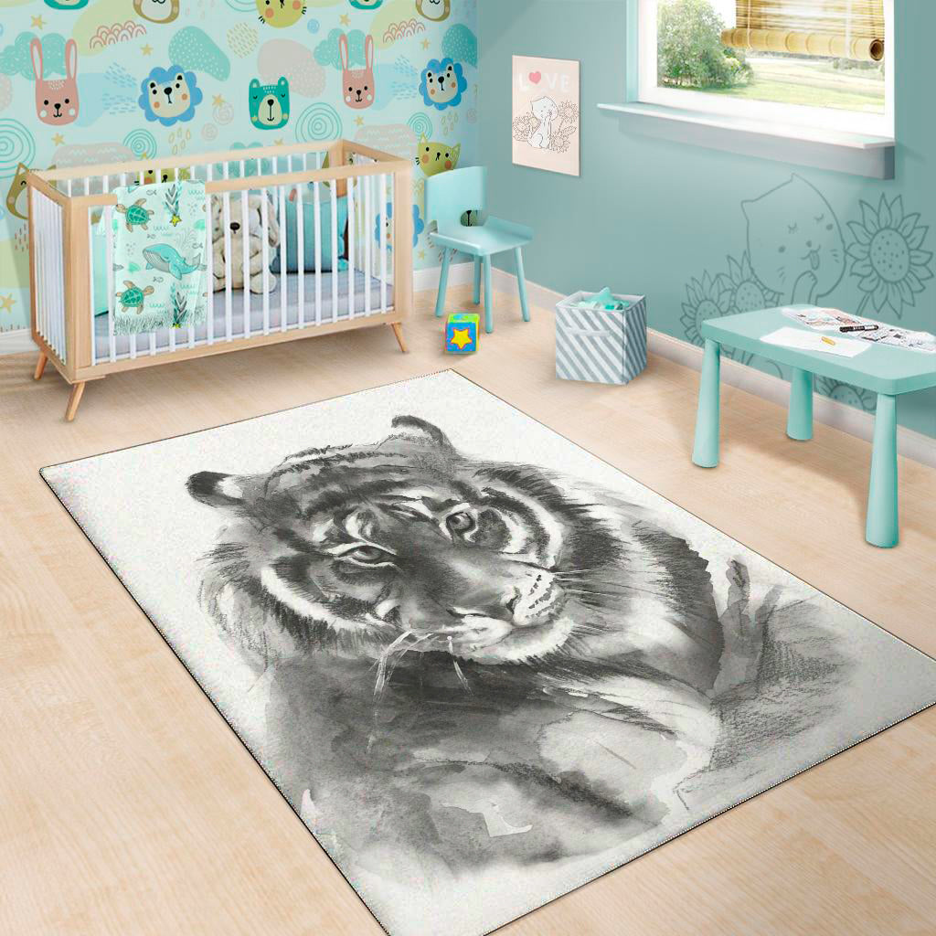 Monochrome Watercolor White Tiger Print Area Rug