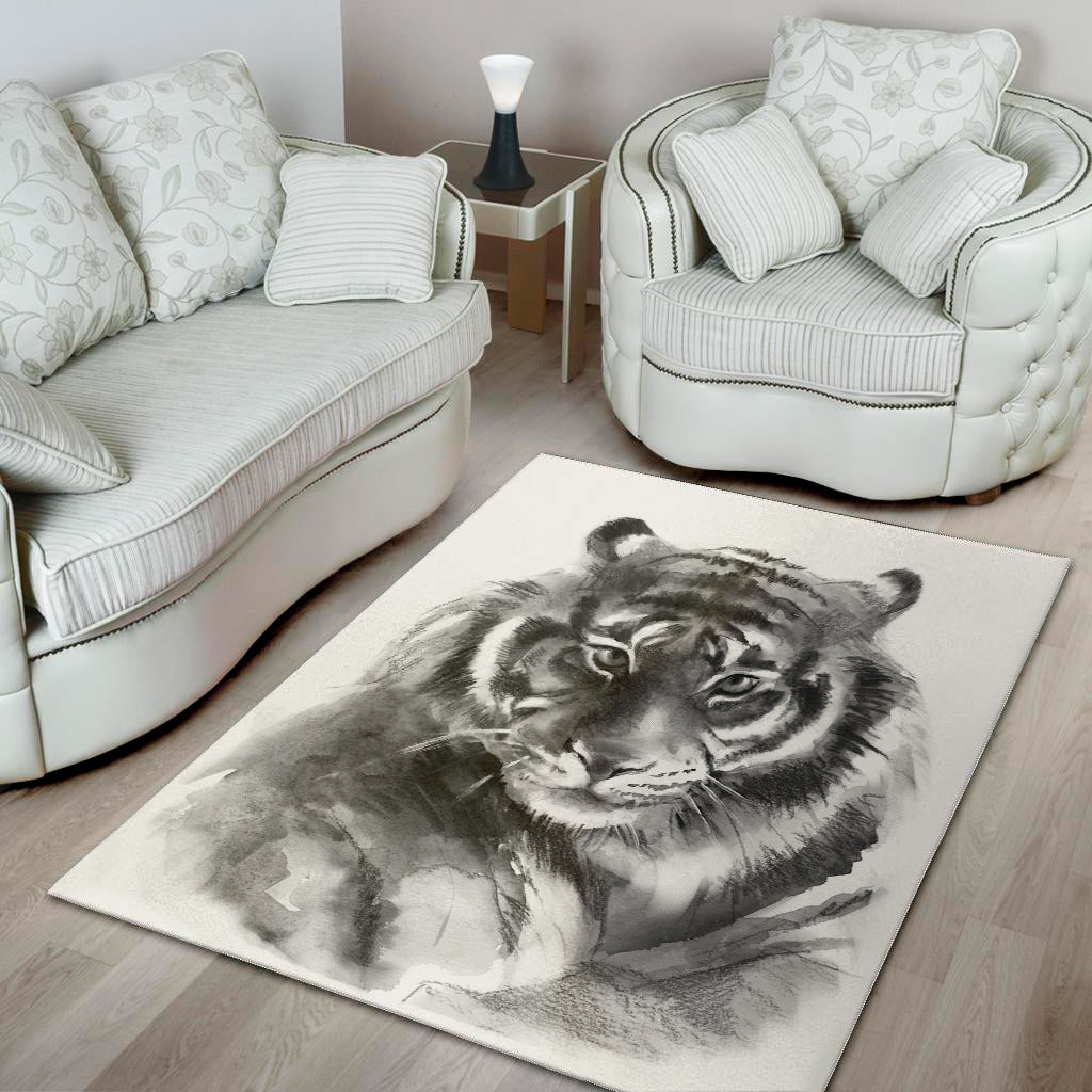 Monochrome Watercolor White Tiger Print Area Rug