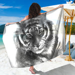 Monochrome Watercolor White Tiger Print Beach Sarong Wrap